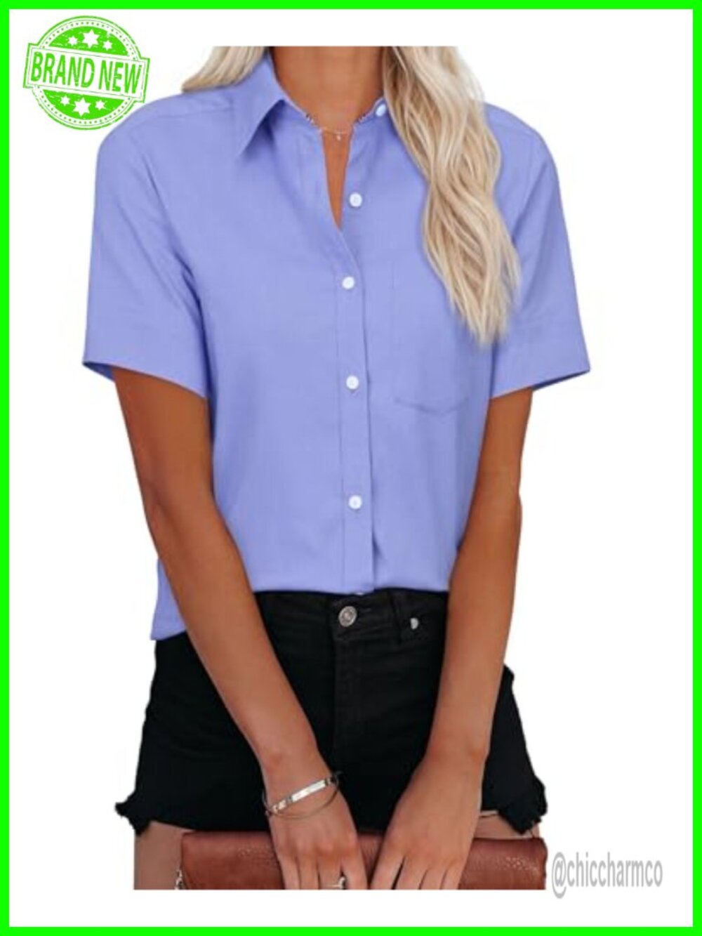 Women's Short Sleeve Oxford Button Down Shirt V Neck Collared Casual Blouse